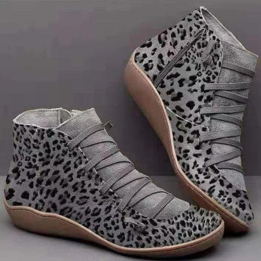 Women Leather Ankle Shoes Vintage Leopard Print Casual Shoes Brand Design Retro Handmade Boot