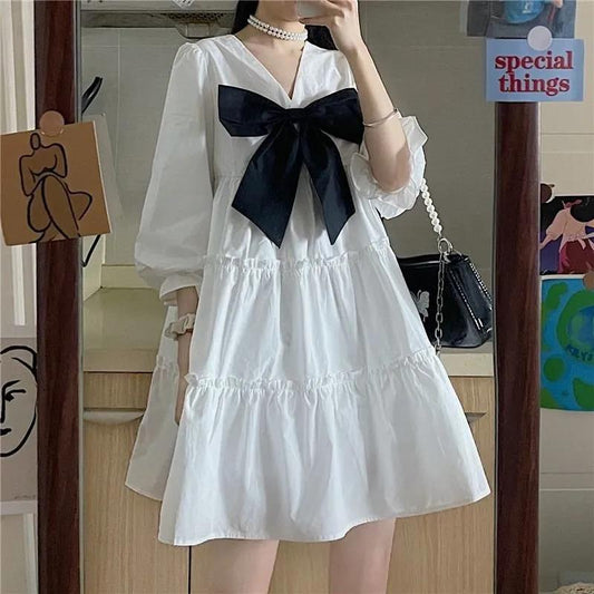 Girl Student Knee-length Solid Color Dress Sailor Collar Navy Dress Sweet Bow-knot