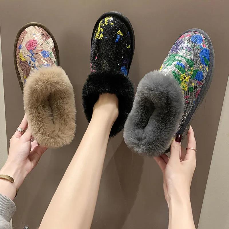 Snow Boots Women's Winter All-match Short Boots Sequined Short Boots To Keep Warm and Velvet Cotton Shoes Tide