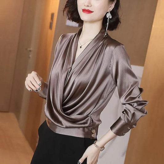 Women's Spring and Autumn V-Neck T-Shirt Solid Color Large Size Loose Long Sleeve Top