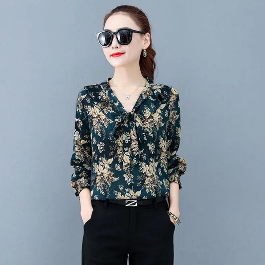 Women's Spring and Autumn Long Sleeve Chiffon Shirt Loose Floral Top