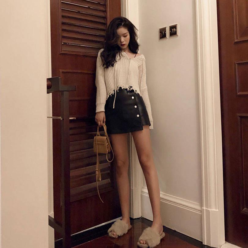 Pofulove Early Autumn Hole Shirt Design Sense Female Niche Hooded Casual Short Coat Knitted Sweater