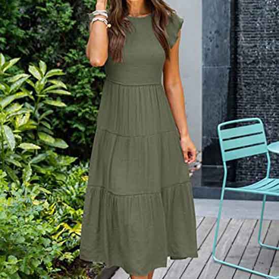 European and American Dress Women's Flying Sleeves Pleated Layered Short-sleeved Large Swing Solid Color Dress