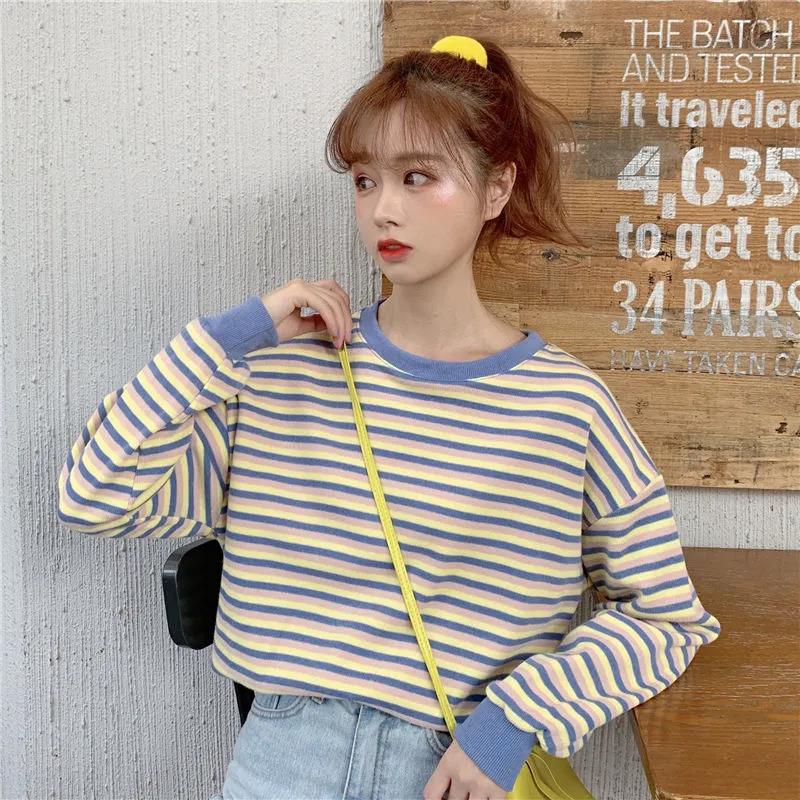 Women Stripe Print Long Sleeve Round Neck T-Shirt Top Summer Fall Lady Casual Pullovers