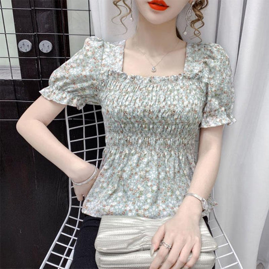 French Design Ladies Top Square Neck Fungus Edge Small Floral Chiffon Pullover Short Sleeves