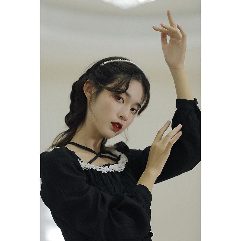 Fairy Party Dress Spring French Retro Small Black Dress Square Collar Lace Long Sleeve Elegant Female Dress