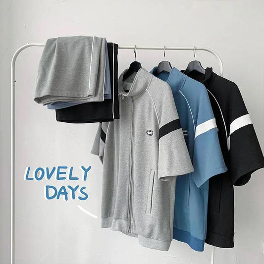 Summer Retro Short-sleeved Sports Suit Men and Women College Style Loose Short-sleeved Two-piece Wide-leg Five-point Shorts