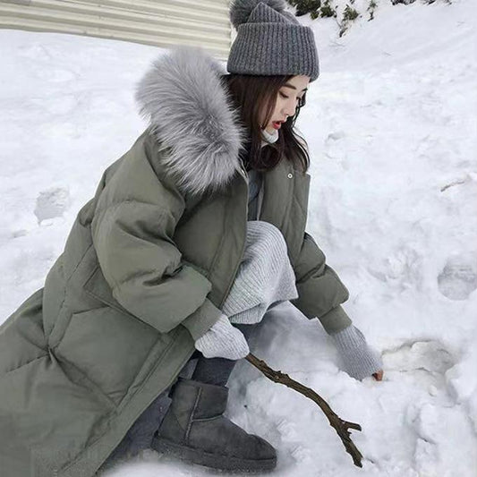 Winter Fluffy Big Fur Collar Hooded Down Jacket Women Mid-length Slim Over The Knee Thick Hooded Winter Warm Plus Fleece Jacket