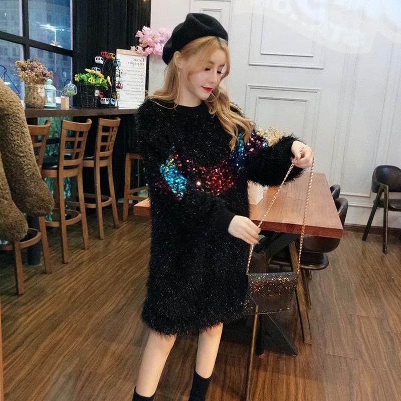Autumn and Winter Fashion Loose Coat Half High Neck Sequined Tassel Sweater Mid-length Base Dress Women
