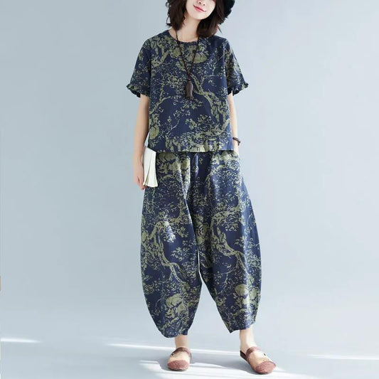 Cotton Summer Ethnic Style Printed Short-sleeved Suit Fashion Loose Harem Pants Plus Size Two-piece Women