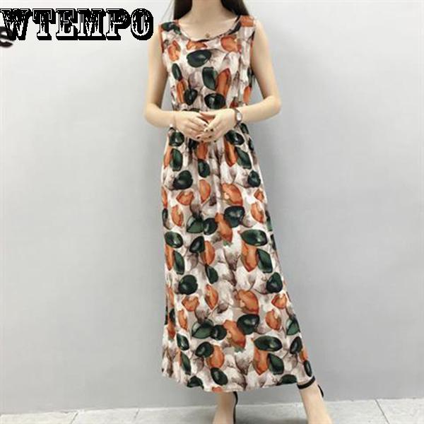 WTEMPO Floral Beach Holiday Skirt Sleeveless Long Skirt Female Summer Bohemian Print Beach Dress