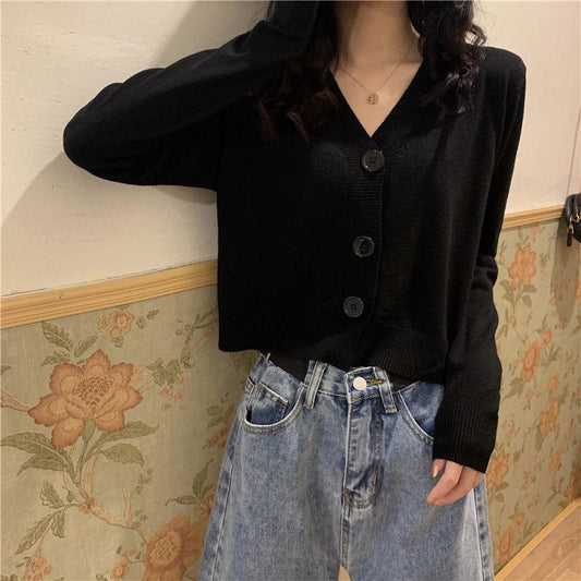 Plus Size Women's Autumn V-neck Black Knitted Sweater Short Top Thin Long Sleeve Cardigan Sweater