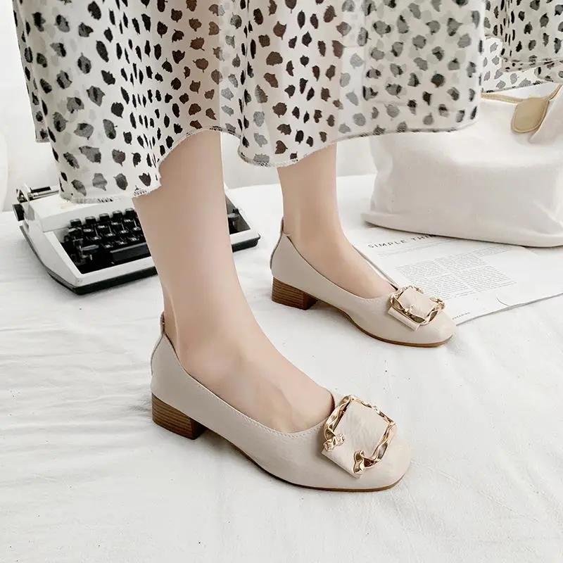 Breathable Casual Shoes Fairy Single Shoes Spring and Autumn Pumps Mid-heel Thick Heel Summer Beanie Shoes Leather Shoes Mother Shoes