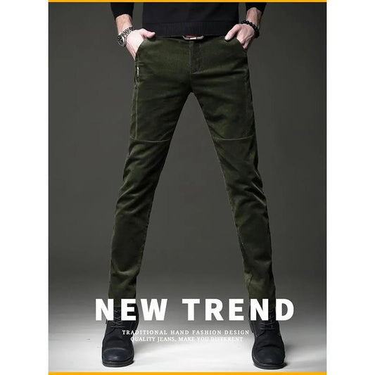 Men's Autumn and Winter Corduroy Casual Pants Slim-fit Pants with Small Feet Male Straight-leg Korean Style Trousers Business Streetwear Elastic Waist