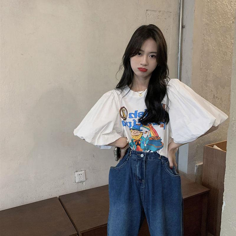 Short Sleeve T-Shirt Women Summer Print Round Neck Puff Sleeve Top
