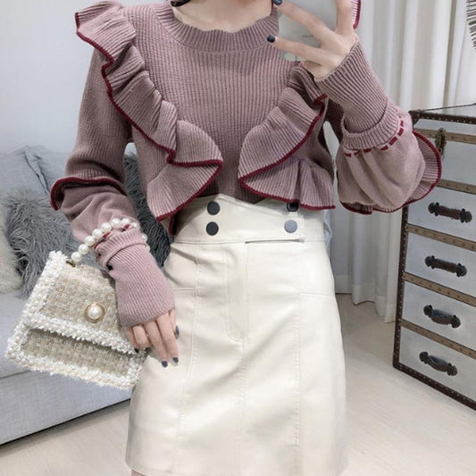 Autumn Winter Sweater Women's Knit Sweater Round Neck Pullover Fashion Ruffled Wild Long-sleeved Bottoming Shirt