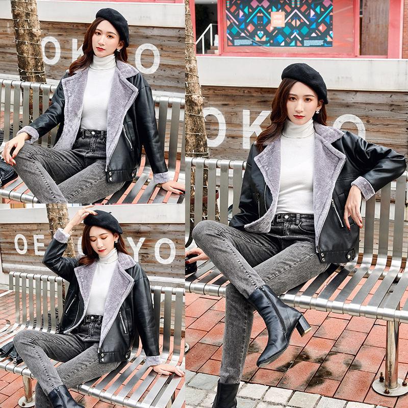 Leather Women's Short Korean Version Loose and Thin Plus Velvet Thickening Small Coat Motorcycle Leather Jacket Autumn and Winter Fur