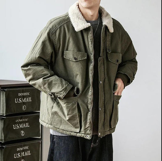 Winter Workwear Lamb Wool Coat Men's Trendy Brand Loose Plus Velvet Thick Padded Coat Trend Wild Padded Jacket