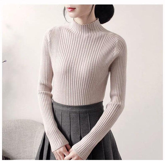 Half-high Neck Pullover Sweater for Women In Autumn and Winter Korean Slim-fit Knit Sweater with Long Sleeves Solid Color Pullover
