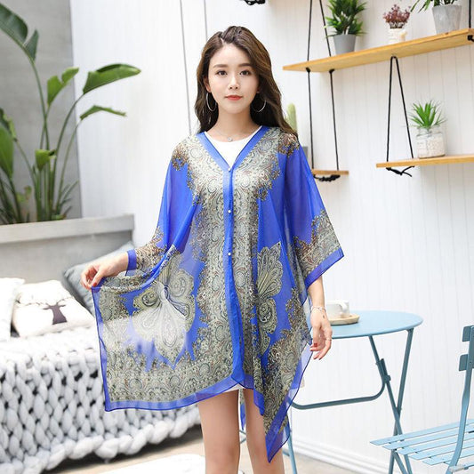 Sunscreen Shawl Beach Multi-used Variety Silk Scarf Chiffon Printing Anti-ultraviolet Temperament Cape Shawl with Scarf Outside