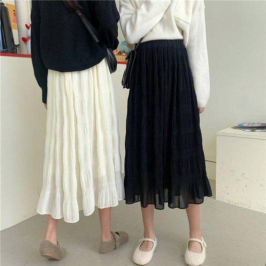 Folds Yarn Skirt Woman's Mid-length Elastic Waist Ruffle Hem High Waist A-line Skirt School Work Travel