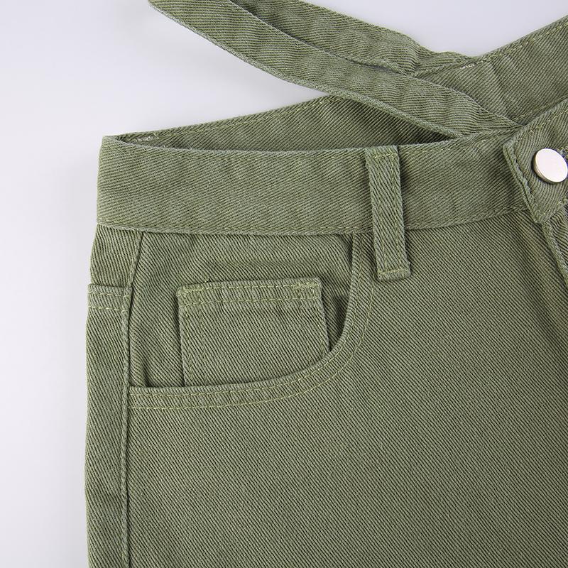 Retro High Street Pine Green Gradient Asymmetrical Sexy Leak Design Jeans Female High Waist Loose Ground Trousers