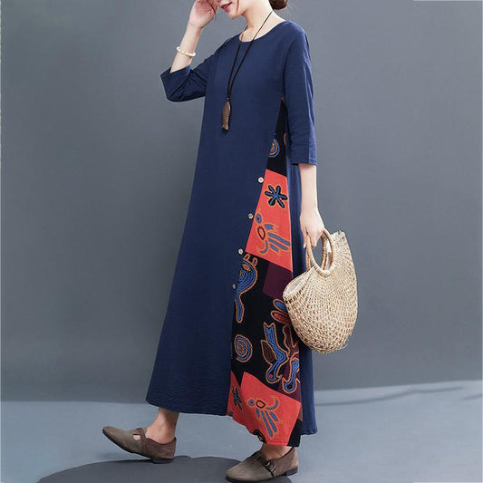 Cotton and Linen Dress Women Spring and Summer Round Neck 3/4 Sleeve Ethnic Style Stitching Large Size Dress