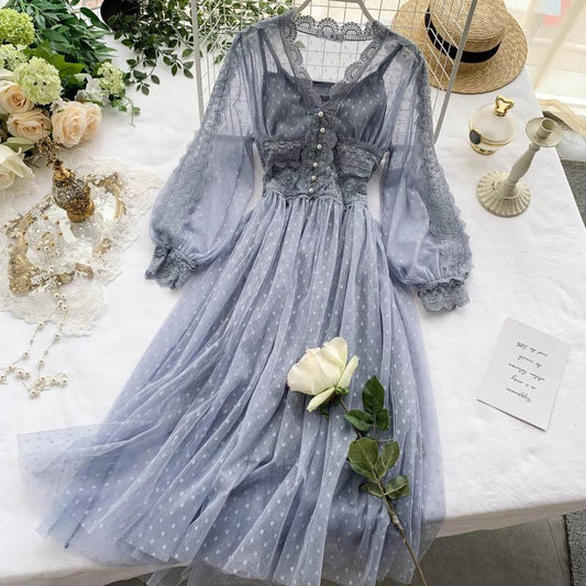 Women Casual Elegant Dress Hollow Out Lace Dress High Waist Two Pieces V Neck Lace Hollow Out Slim Midi Dress Backless Maxi Dress