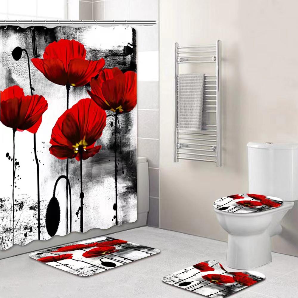 Creative Simple Shower Curtain 3D Four-piece Home Bathroom Waterproof Curtain Set Anti-mold Printing Shower Curtain Cloth Toilet Cushion Kit