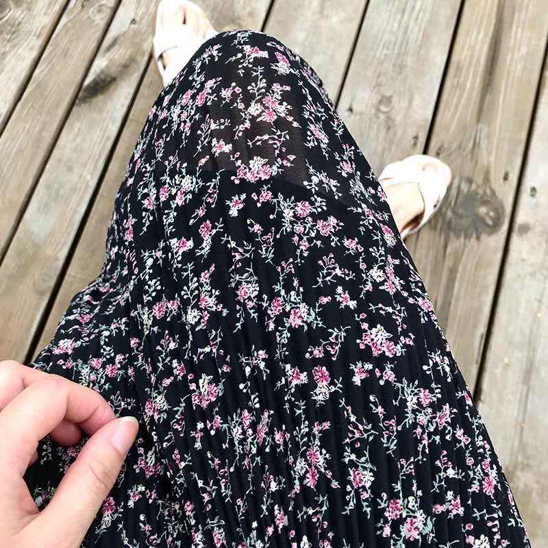 Floral Print Pleated Midi Skirt Women Elastic High Waist Skirts Spring Summer 2020 Elegant Female