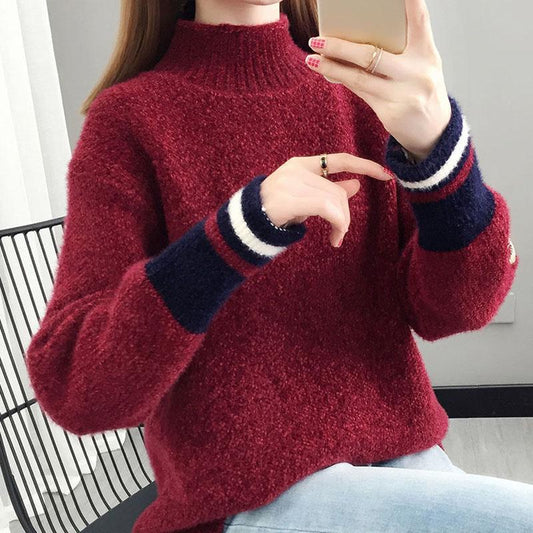 Autumn and Winter Mohair Knitted Sweater Loose Half High Neck Casual Bottoming Shirt Fashion Simple Women's Sweater