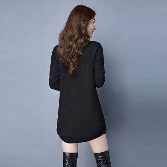Women's Mid-length Knit Sweater Loose Irregular Hem Pullover Sweater Knitted Dress with Pockets