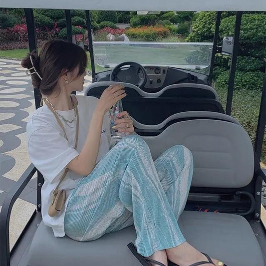 Tie-dye Print Wide-leg Pants Women's Summer Loose Straight Thin Casual Trousers High Waist Slim Drape Pants