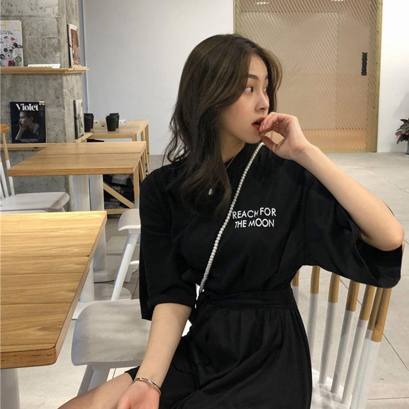 WTEMPOLarge Loose Casual Short Sleeve Round Neck Simple Lace Free Belt Mid-length Women's Dress Daily