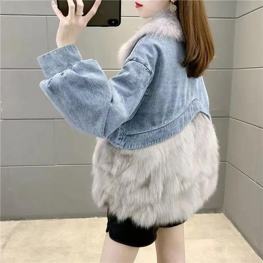 Denim Parker Women's Short Fur Faux Fox Fur Coat Coat Winter Women's Warm Loose Denim Jacket Winter Cotton Coat Comfortable