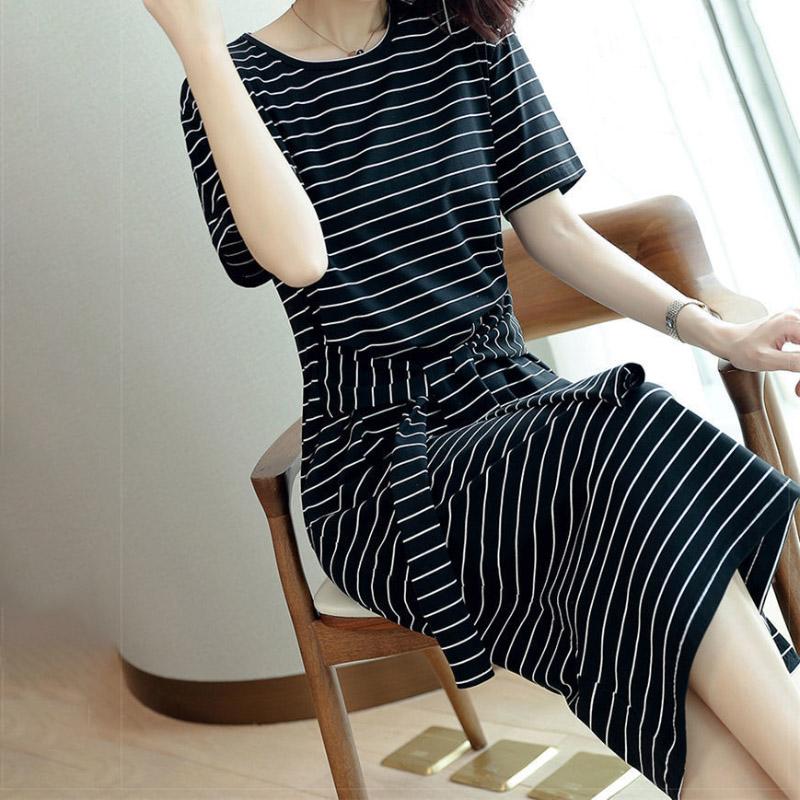 Summer Women Round Neck Enough Stock Short-sleeved Dress Black White Striped Dresses Casual Elegant Sheath Slim Dress