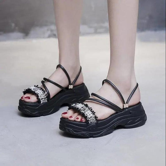 Two Wear Sandals Women's All-match Thick Bottom Heightening Light and Comfortable Outer Wear Sandals and Slippers Pearl Decoration