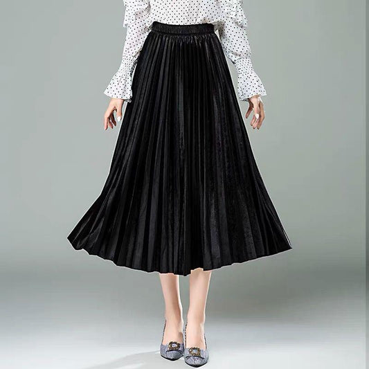 Spring Women Long Metallic Silver Pleated Skirt Midi Skirt High Waist Elascity Casual Skirt Vintage
