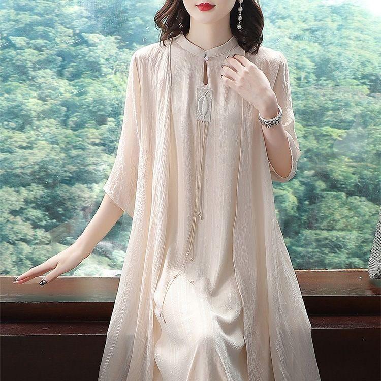 Spring Summer Women Two-piece Long Skirt Chinese Style Women Retro Temperament Cheongsam Improved Version Spinning Dress