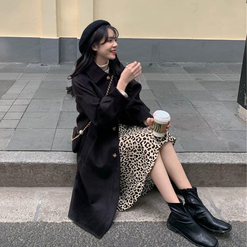 Spring and Autumn Student Mao Ni Mid-length Loose and Thin Thickened Over-the-knee Woolen Coat Jacket Women