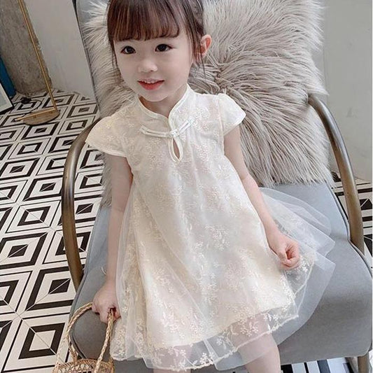 Children Dress Spring Summer Broken Flower Kids Clothing Baby Girls Clothing Yarn Sleeveless Cheongsam Dress Girl