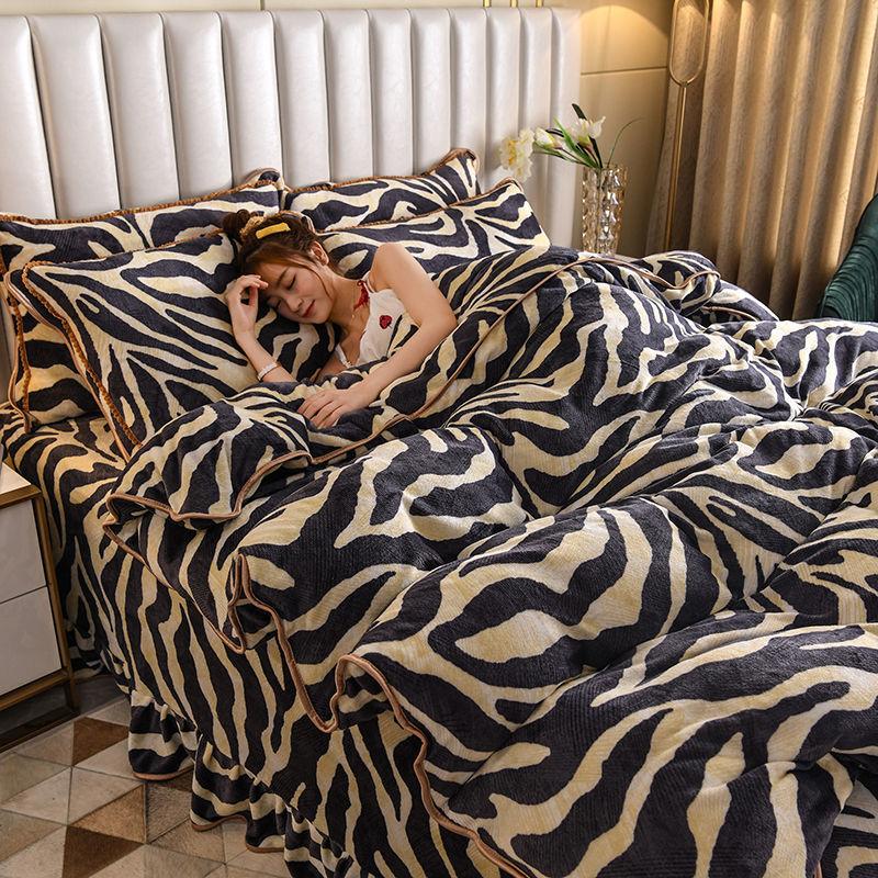 Coral Fleece Four-piece Plus Fleece Thick Quilt Cover Sheet Winter Plush Double-sided Fleece Cartoon Bedding