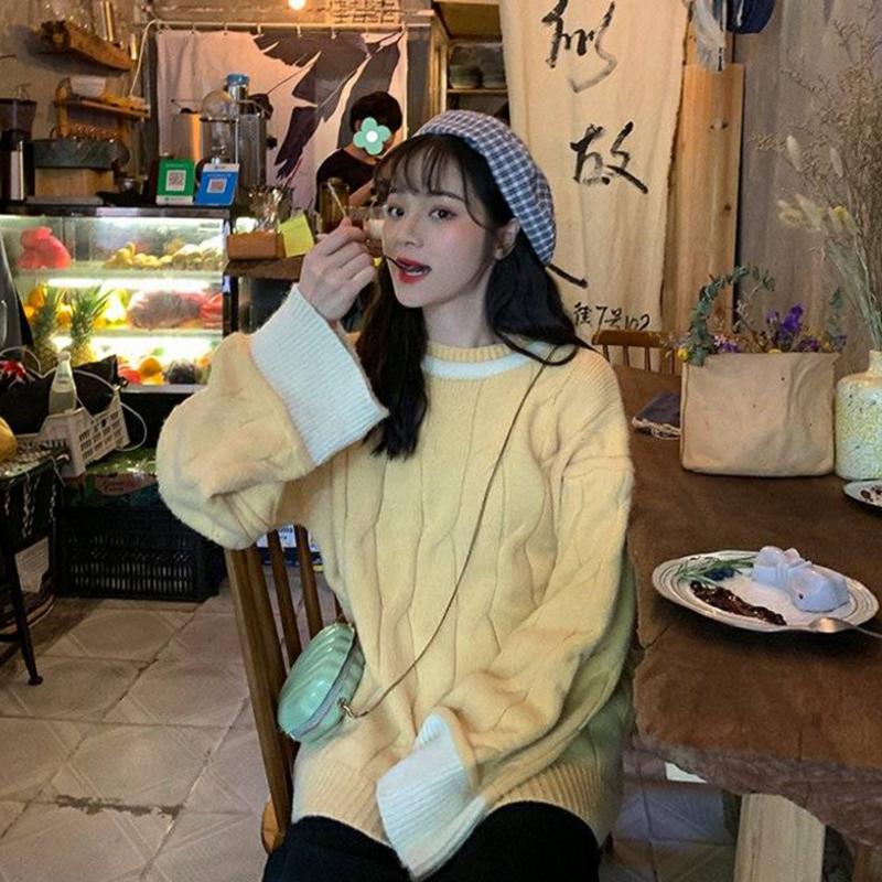 Pofulove loose sweet stitching knitted long-sleeved shirt women Candy color cute sweater women