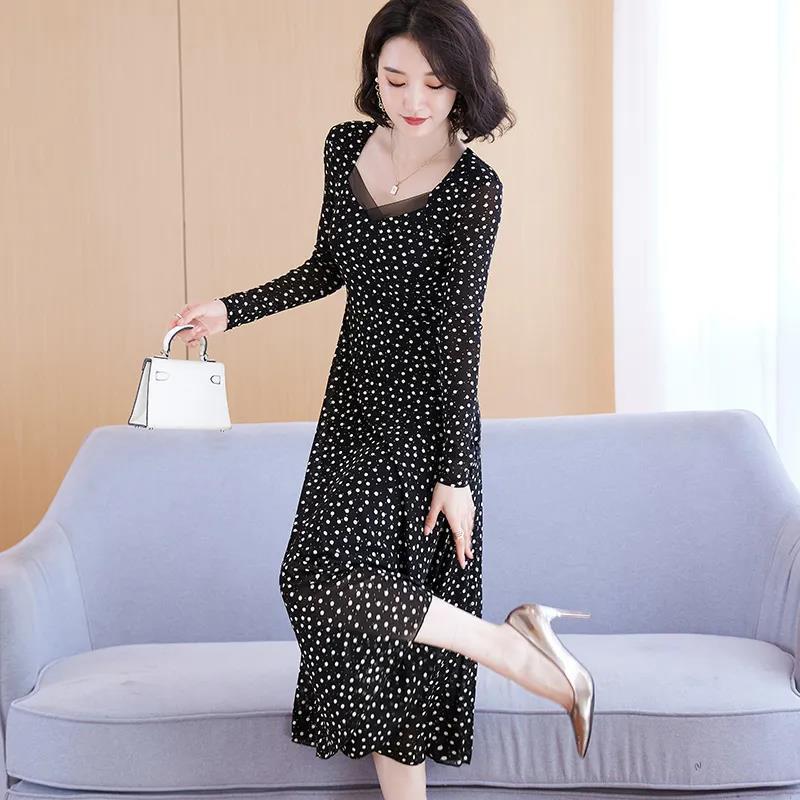 Spring and Summer Mesh Dress Women's Long-sleeved Long Section Slim Temperament Long Rectangular Neckline Printed Skirt