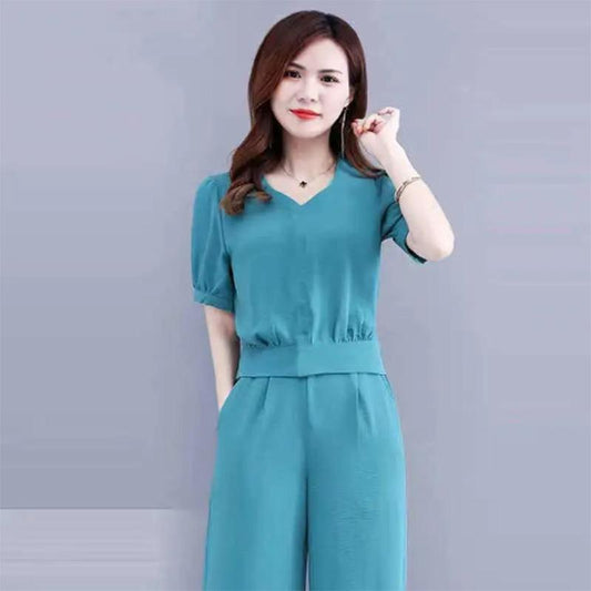 The Whole Set of Summer Cool and Comfortable Two-piece Wide-leg Casual Solid Color Age-reducing Sports Suit Women