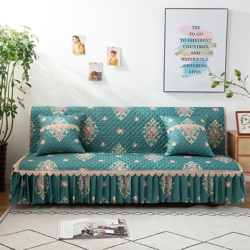 Printed Armless Sofa Cover Folding Sofa Bed Cover Machine Washable Armless Sofa Cover Bench Couch Cover with Skirt Slipcover Sofa Protector Cover