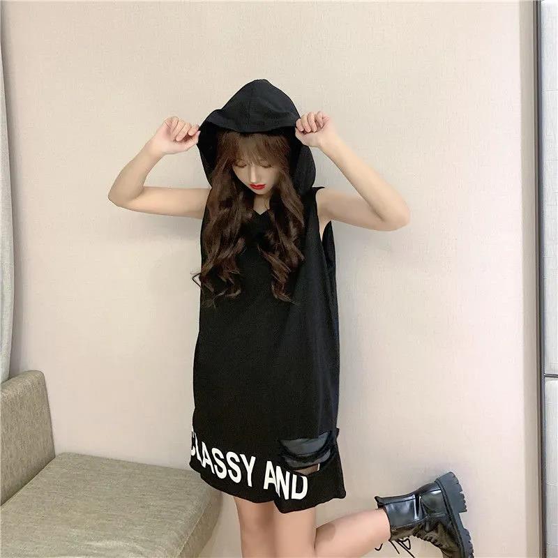 Summer Mid-length Hooded Vest Women's Sleeveless Bottoming Shirt Suspenders Daily