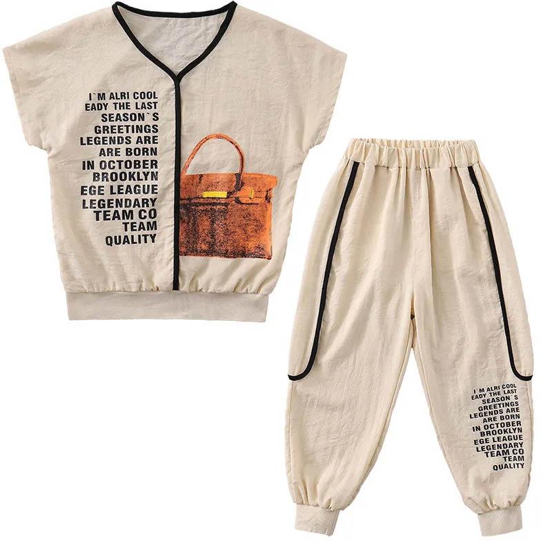 Girls Summer Clothes Light and Thin Section Cool Breathable Suit Korean Version Printed Pocket Casual Short-sleeved Trousers Sports Two-piece Suit