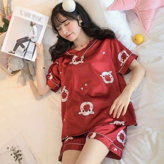 Pajamas Women's Summer Ice Silk Short-sleeved Korean Thin Section Simulation Silk Summer Pajamas Large Size Home Service Suit