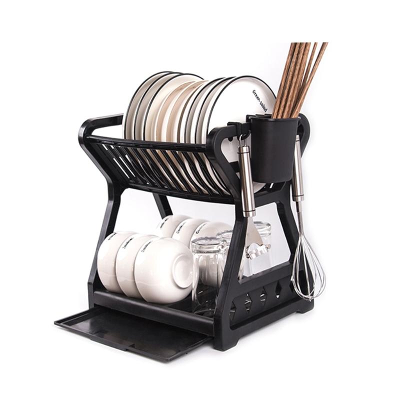 Double-layer Kitchen Dish Bowl Draining Storage Rack Basket with Chopstick Cage